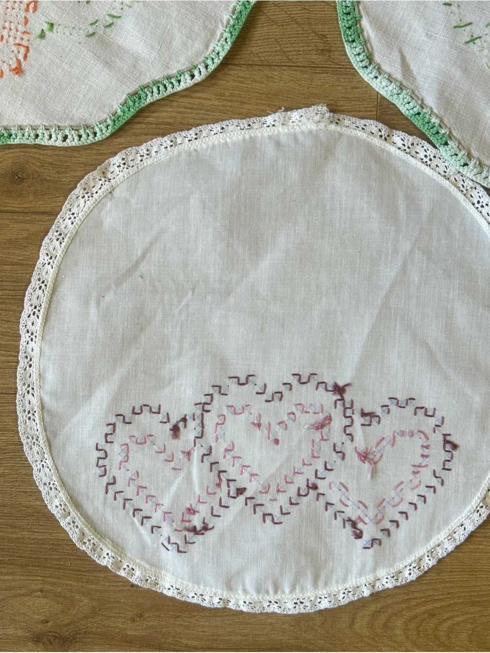 Embroidered Linen Doilies Set in White with Orange & Green Accents